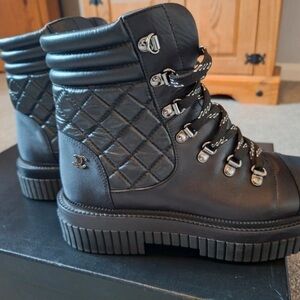 CHANEL Black Leather Quilted Moto Boots